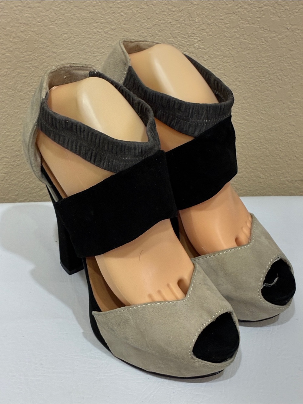 L.A.M.B. Two-Tone Suede Open-Toe Block Heel Sandals - Black & Taupe